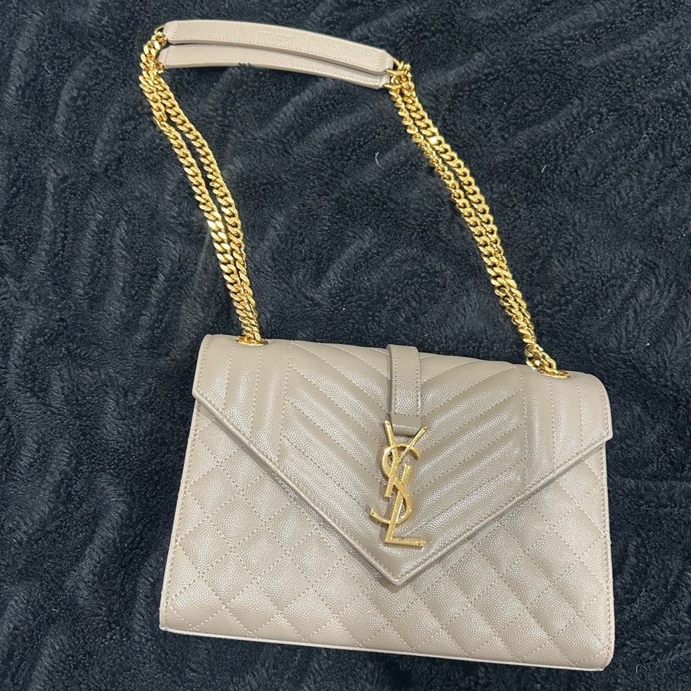 Yves Saint Laurent Taupe Quilted Shoulder Bag with Gold Chain